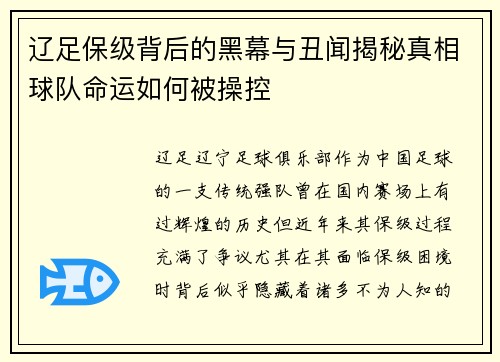 辽足保级背后的黑幕与丑闻揭秘真相球队命运如何被操控 辽足保级背后的黑幕与丑闻揭秘真相球队命运如何被操控