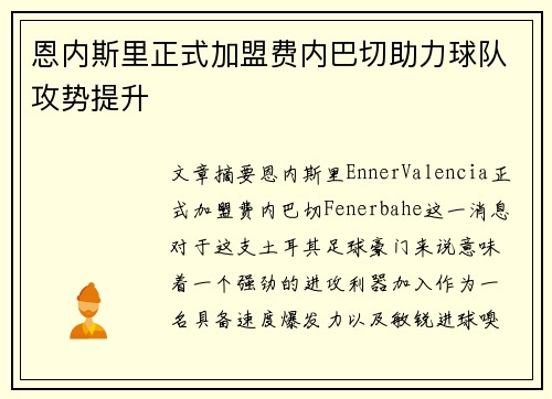 恩内斯里正式加盟费内巴切助力球队攻势提升