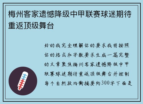 梅州客家遗憾降级中甲联赛球迷期待重返顶级舞台 梅州客家遗憾降级中甲联赛球迷期待重返顶级舞台