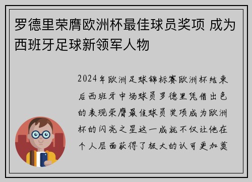 罗德里荣膺欧洲杯最佳球员奖项 成为西班牙足球新领军人物