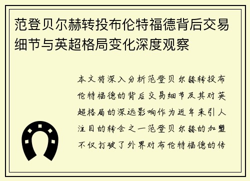 范登贝尔赫转投布伦特福德背后交易细节与英超格局变化深度观察 范登贝尔赫转投布伦特福德背后交易细节与英超格局变化深度观察