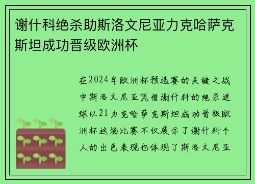 谢什科绝杀助斯洛文尼亚力克哈萨克斯坦成功晋级欧洲杯